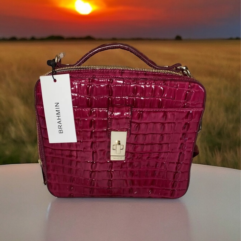 Brahmin Evie Fuschia La Scala Embossed Leather Cross Body Square Hand Bag  NWT